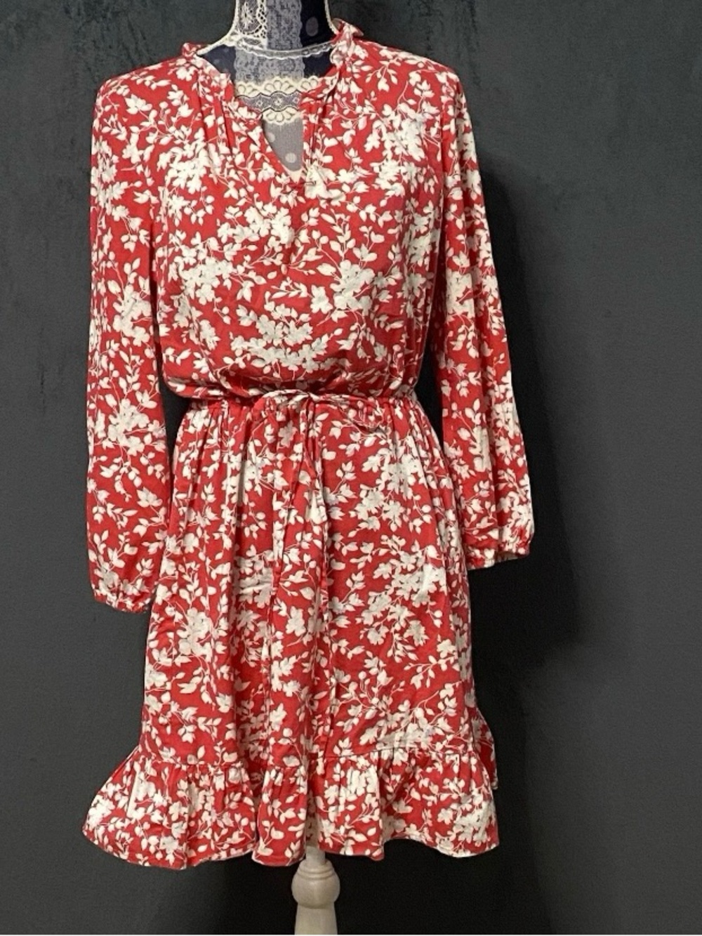 Draper James Dress Womens L Pink White Floral Long Sleeve Ruffle Hem Cinch Waist